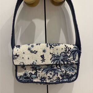 STAUD Tommy Navy and Cream Beaded Shoulder Bag NWOT